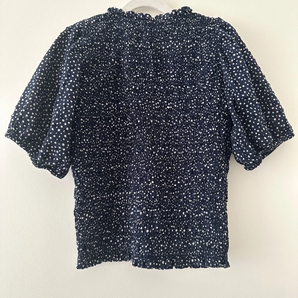 J. Crew Smocked Puff Sleeve Top - Navy/White Polka Dots - XS - Picture 2 of 8